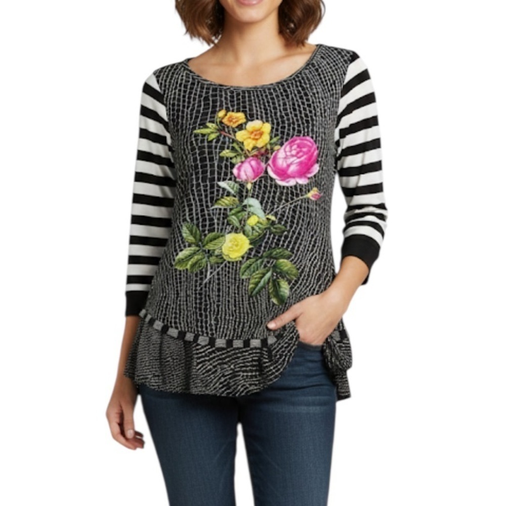 Save The Queen Floral Striped Semi Sheer Sleeves Top Small Black